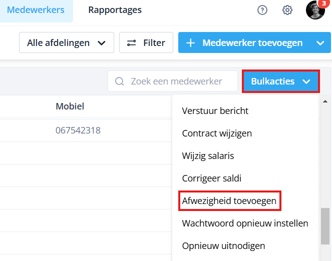 Bulk acties Afwezigheid toevoegen