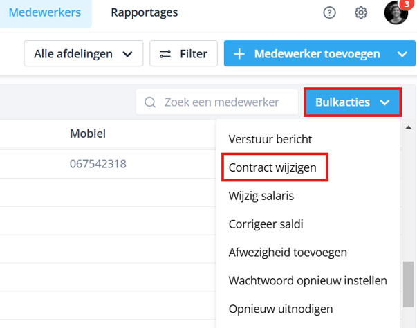 Bulk acties Contract wijzigen