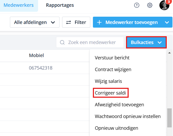 Bulk acties Corrigeer saldi