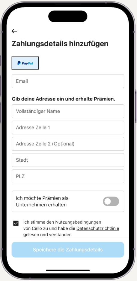 Cello Add payment details DE