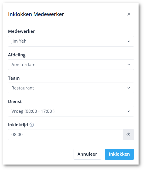 Clock in employee modal NL-shdw