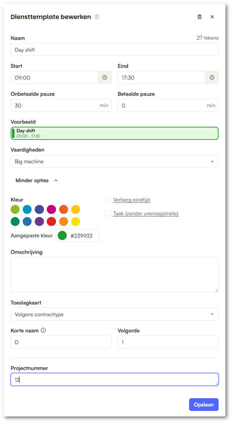 Custom fields shift template NL-shdw
