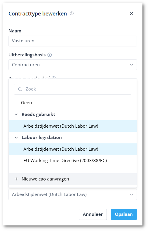Edit contract type CAO regelset NL-shdw