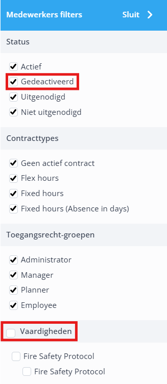 Employee filters NL