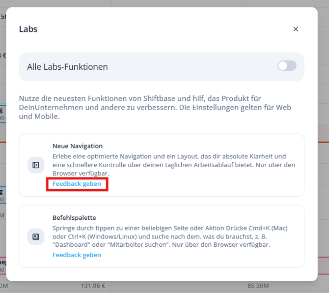 Labs modal DE give feedback