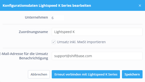 Lightspeed K edit configuration modal DE