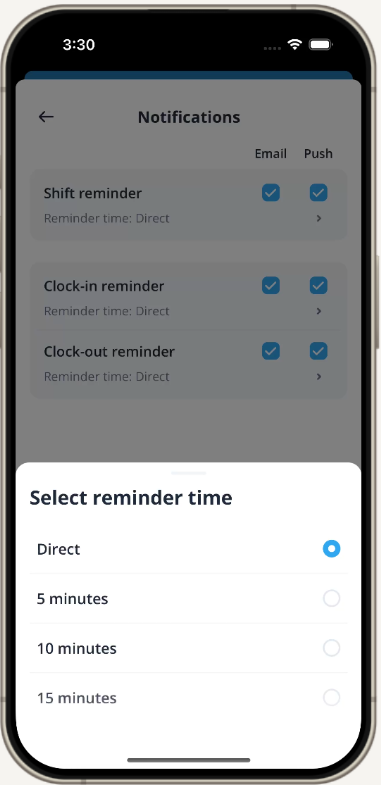 Mobile app Notifications set reminder time