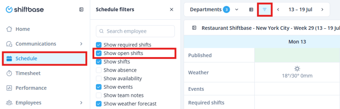 Open Shift schedule filters EN