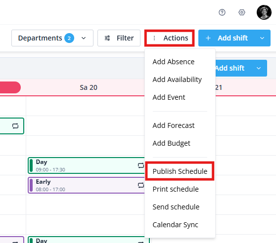 Publish schedule Actions button EN