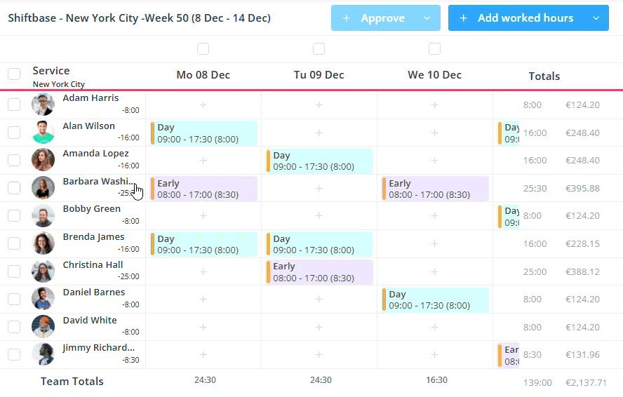 Approving hours in bulk in the timesheet of Shiftbase
