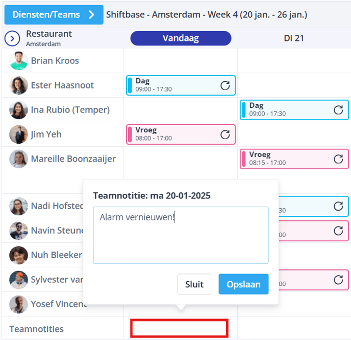 Team notitie toevoegen